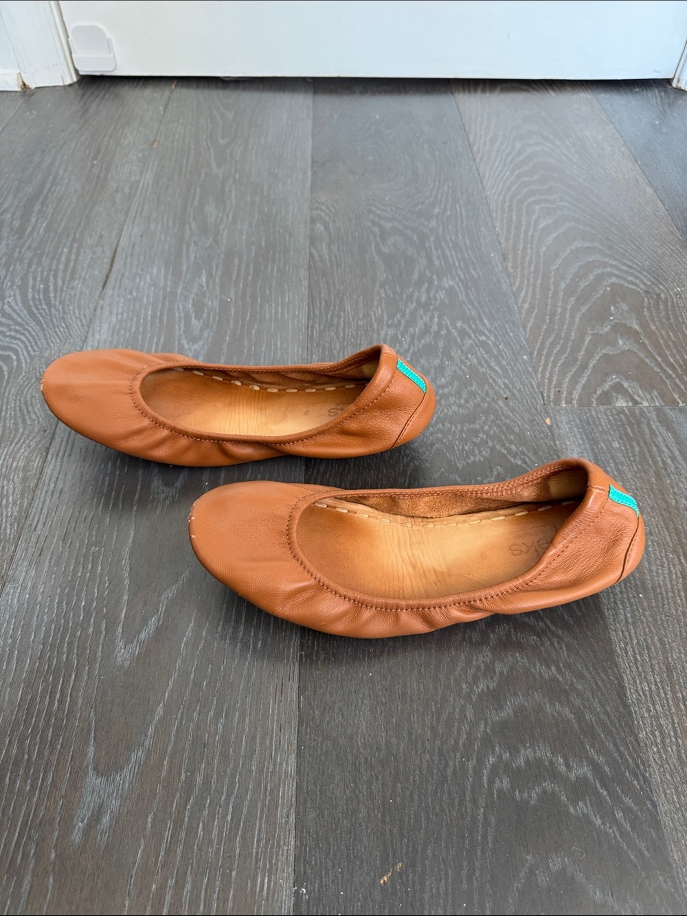 Tieks Cognac Leather Ballet Flats with Teal Soles - Picture 4 of 5